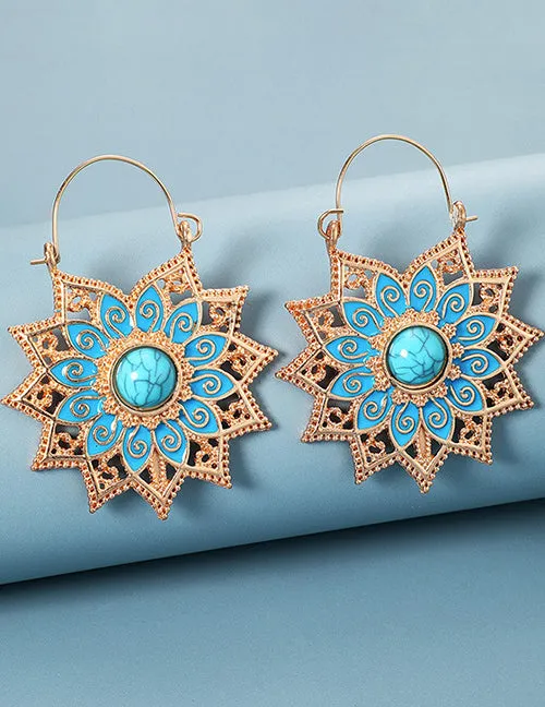 02 E985 Gold Flower Turquoise Crackle Earrings Earrings