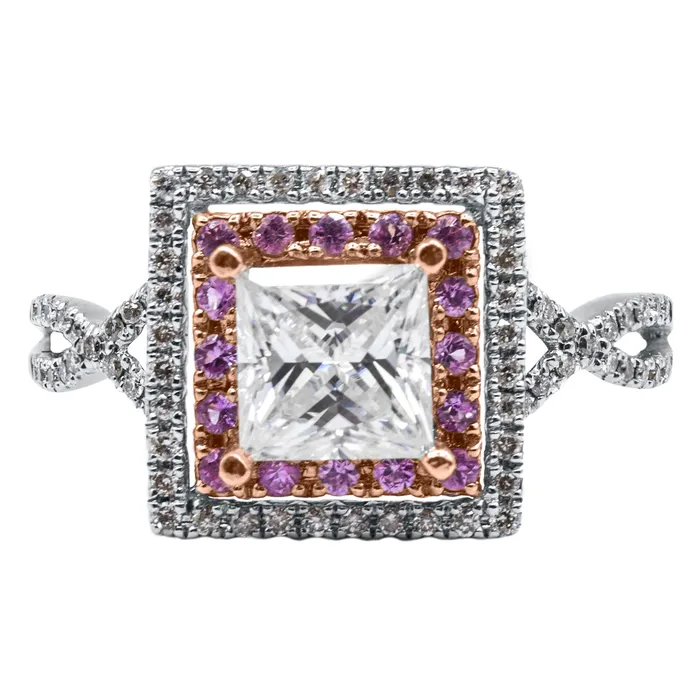 Rings Fire Brilliance 55mm Princess Cut Moissanite Diamond Pink Sapphire 14k Gold Double Halo with Infinity Ring