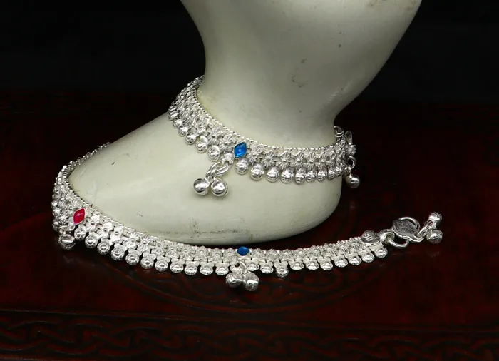 TRIBAL ORNAMENTS 5 inches Sterling silver handmade amazing silver ankle bracelet new born baby anklet noisy Jingling charm anklets jewelry ank275 Bracelets