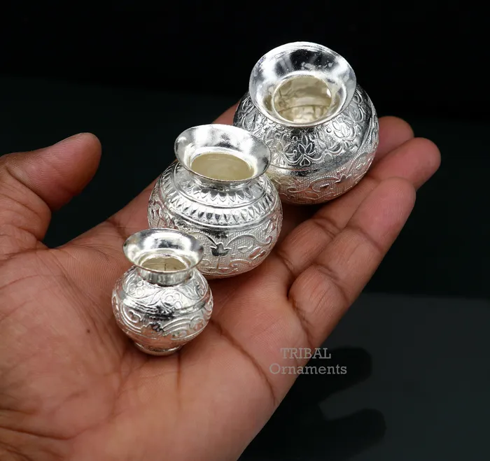 TRIBAL ORNAMENTS Rings Pure 925 sterling silver handmade plain small Kalash or pot unique special silver puja article water or milk kalash pot india su761