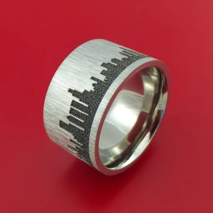 Wide Titanium Ring with Chicago Skyline LaserEtched Pattern Inlay Custom Made Band Lashbrook Rings
