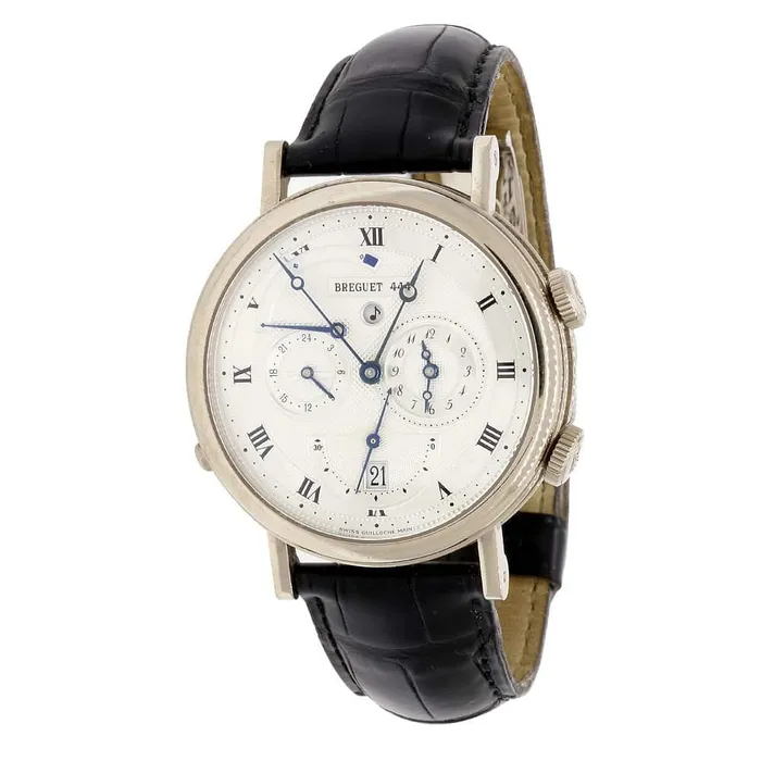 Breguet Watches Breguet Classique Alarm Le Reveil du Tsar 39mm Watch Ref 5707BB Engraved Silver Chronograph Dial in 18K White Gold Case Black Alligator Leather