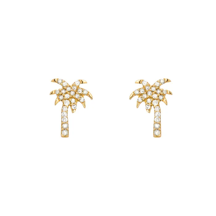 Croghans Earrings Diamond Pav Palm Tree 14K Yellow Gold Stud Earrings