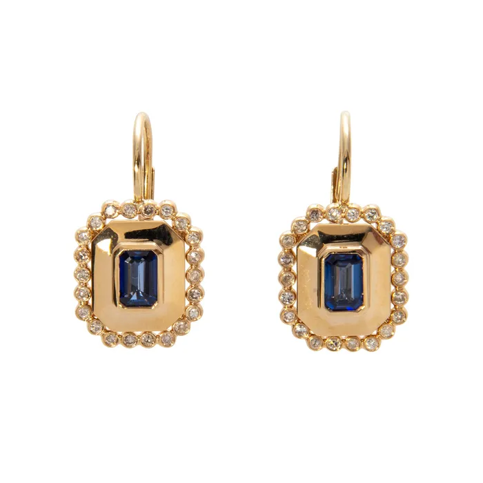 Croghans Earrings Sapphire Diamond 14K Yellow Gold Leverback Earrings