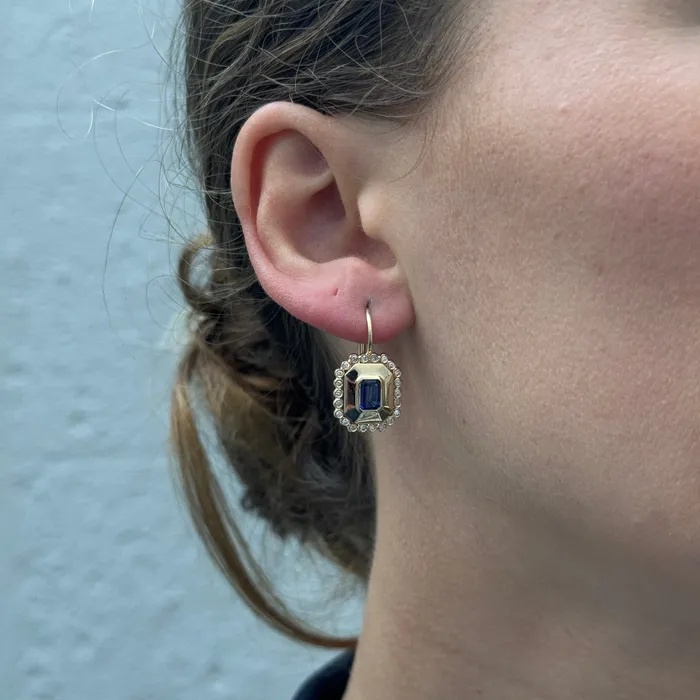 Croghans Earrings Sapphire Diamond 14K Yellow Gold Leverback Earrings