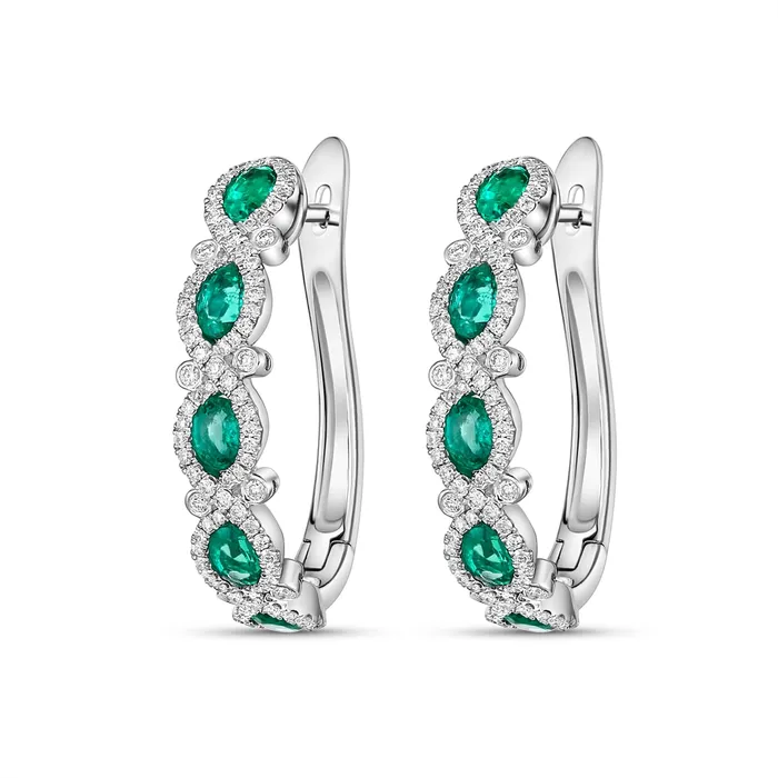 Earrings Meierotto Jewelers 18K White Gold Emerald and Diamond Half Hoop Earrings