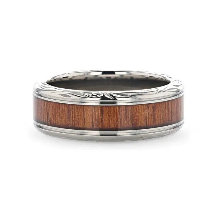 Mens Bands Rings Koa Wood Inlaid Titanium Ring with Intricate Edges