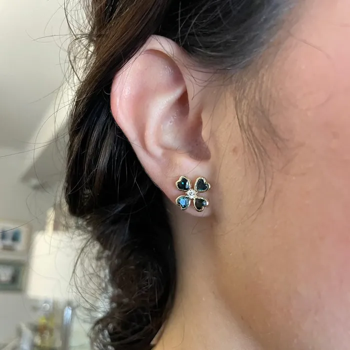 Mini Collection Earrings Green Sapphire Diamond 14K Gold Clover Stud Earrings