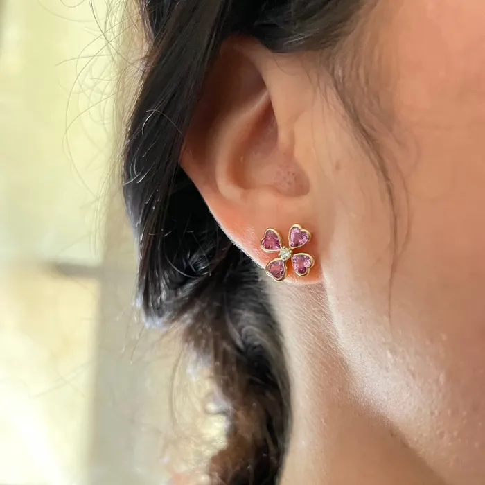Mini Collection Earrings Pink Sapphire Diamond 14K Gold Clover Stud Earrings