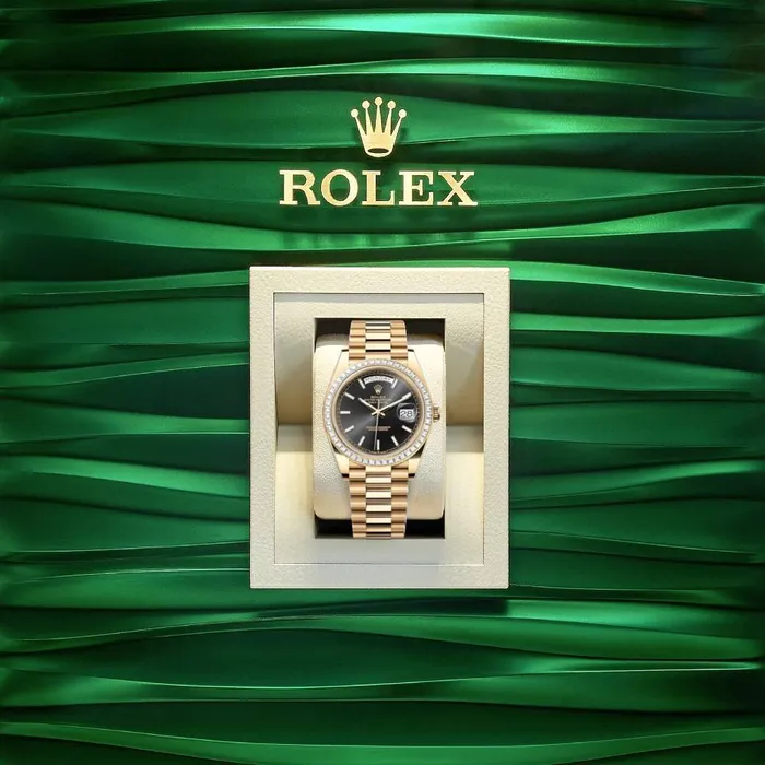 Rolex Bracelets Rolex Day Date 40mm Ref 228398TBR Black Stick Dial Diamond Bezel 18K Yellow Gold President Bracelet Mens Watch