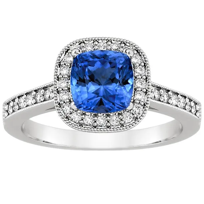 Cushion Sri Lanka Blue Sapphire Natural Earth Mined Diamonds 340 Ct Ring White Gold 14K GB Rings