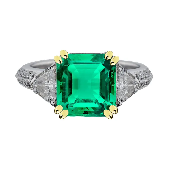 HarryChadEntcom Green Emerald Diamond Anniversary Ring Milgrain 14K Gold Rings HarryChadEntcom Green Emerald Diamond Anniversary Ring Milgrain 14K Gold Rings