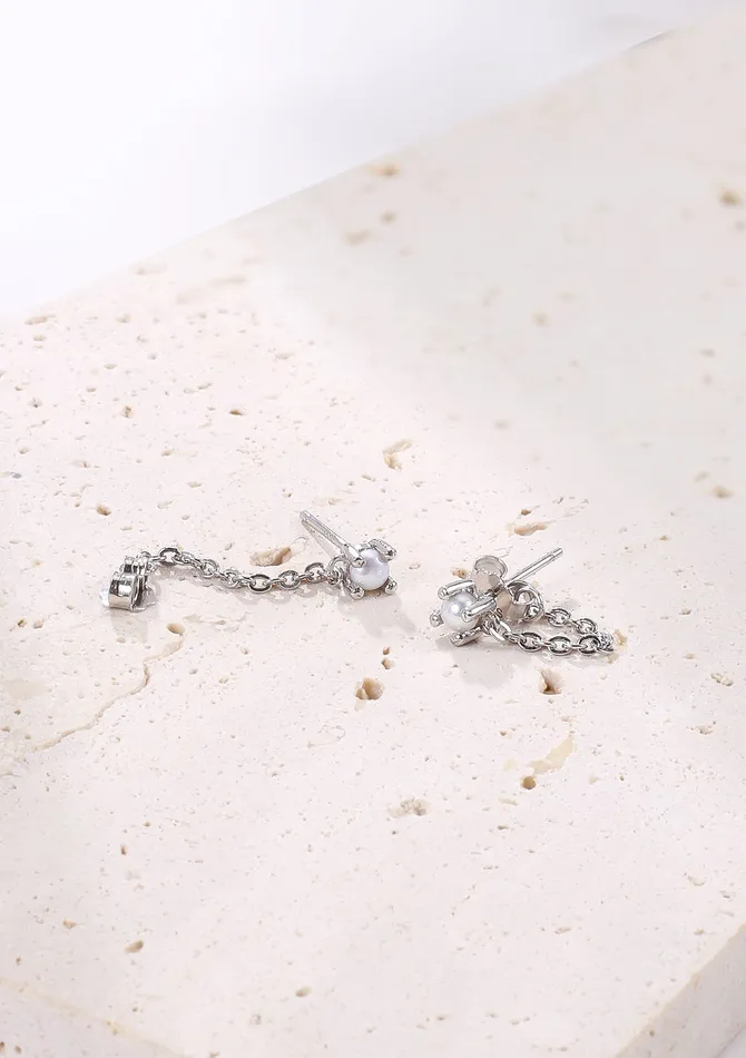 Hey Happiness Pearl Chain Stud Earrings Sterling Silver Earrings Hey Happiness Pearl Chain Stud Earrings Sterling Silver Earrings