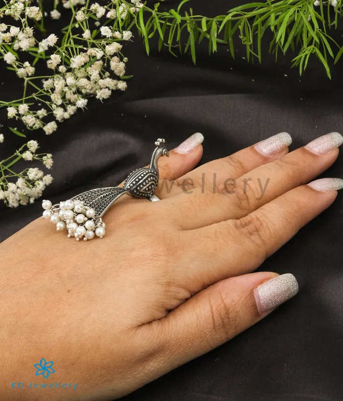 Rings Jaipur The Tavus Silver Peacock Statement Open Finger Ring