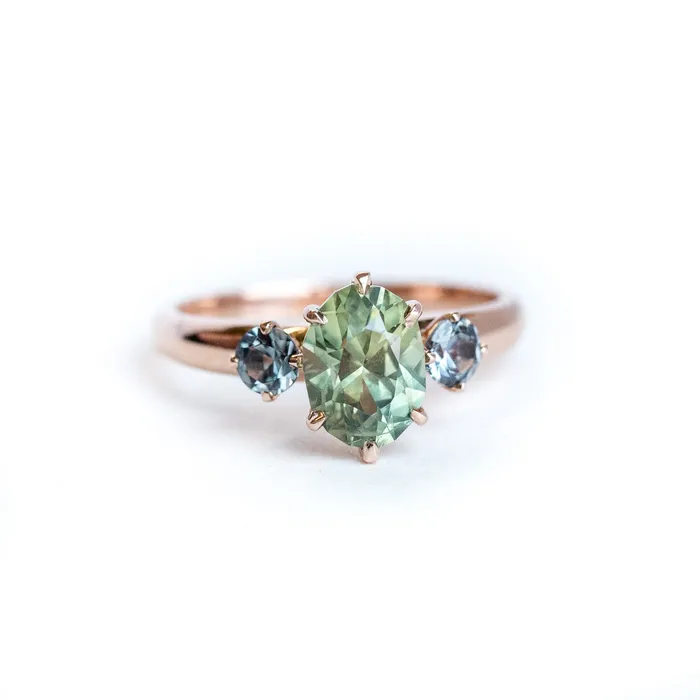 186ct ThreeStone Green Sapphire and Spinel Gemstone Ring in Rose Gold Anueva Jewelry Rings
