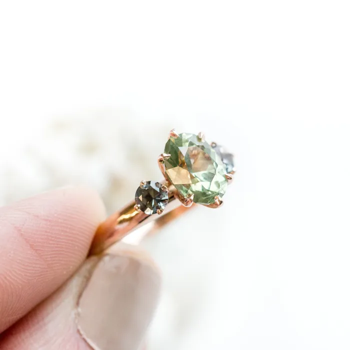 186ct ThreeStone Green Sapphire and Spinel Gemstone Ring in Rose Gold Anueva Jewelry Rings