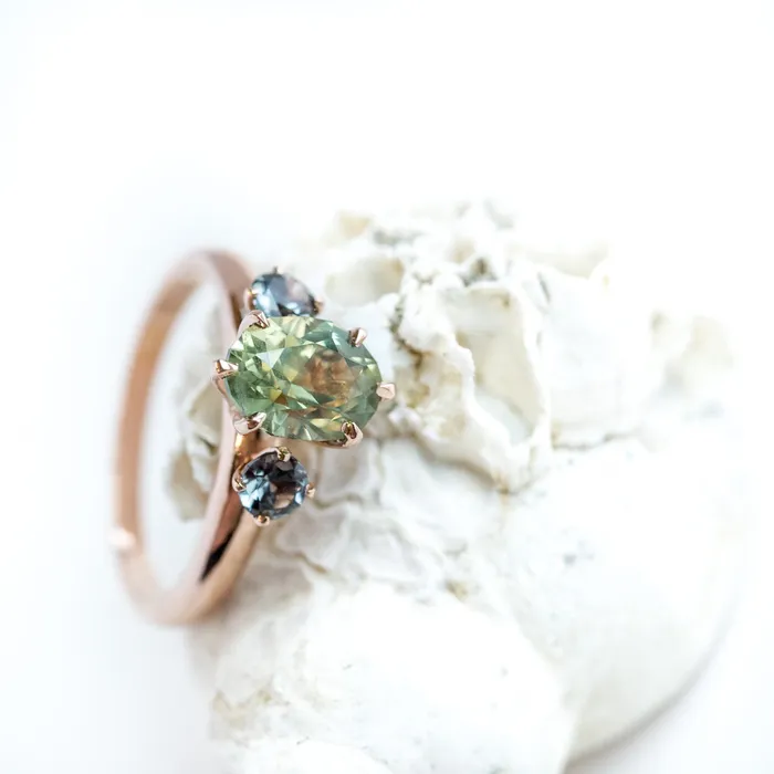 186ct ThreeStone Green Sapphire and Spinel Gemstone Ring in Rose Gold Anueva Jewelry Rings
