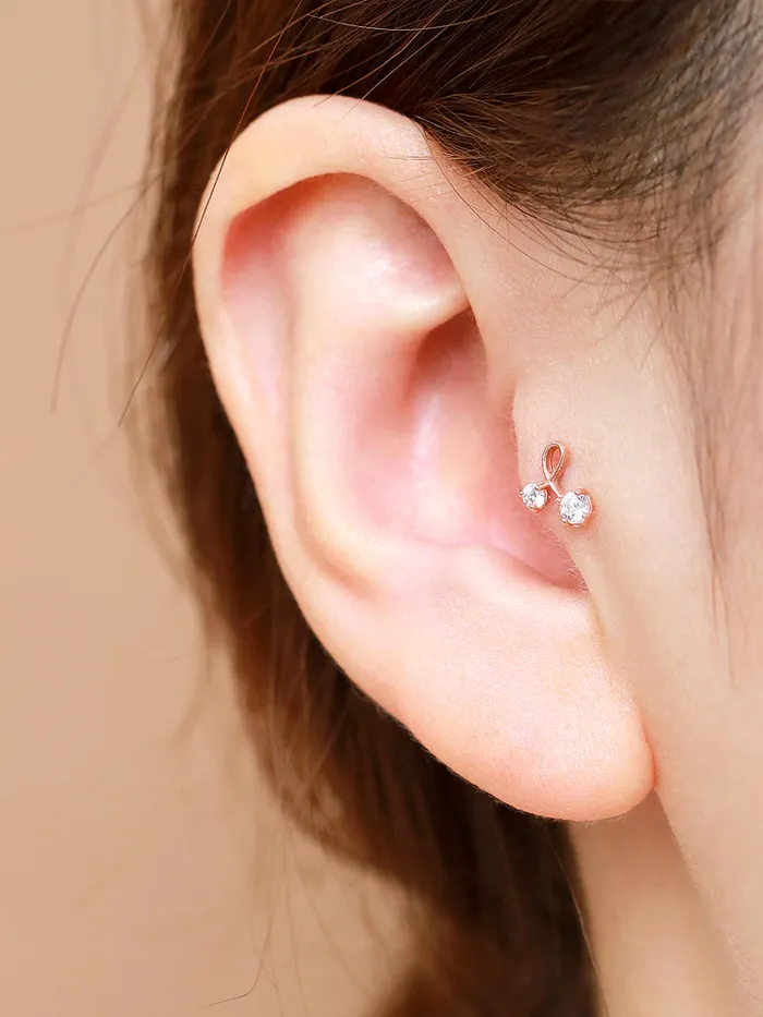 14K Gold Internally Cherry Cubic Labret Piercing 18G16G MinimalBijoux PreStyled Sets