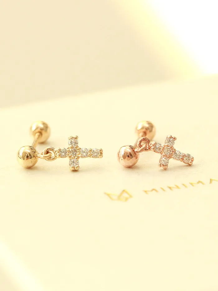 14K Gold Mini Cubic Drop Cross Cartilage Earring 20G18G MinimalBijoux Earrings