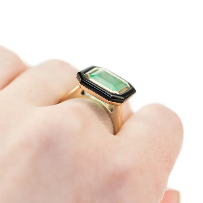 495ct Colombian Emerald Black Onyx and 14k Yellow Gold Bezel Set Ring Anueva Jewelry Rings
