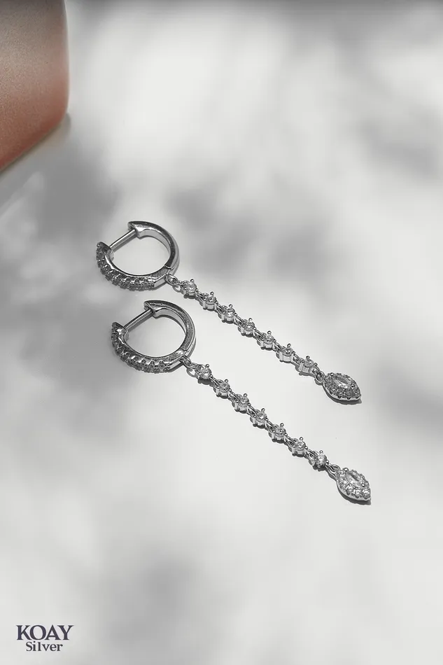 Earrings KOAY Silver Store Oval Zircon Chain Earring