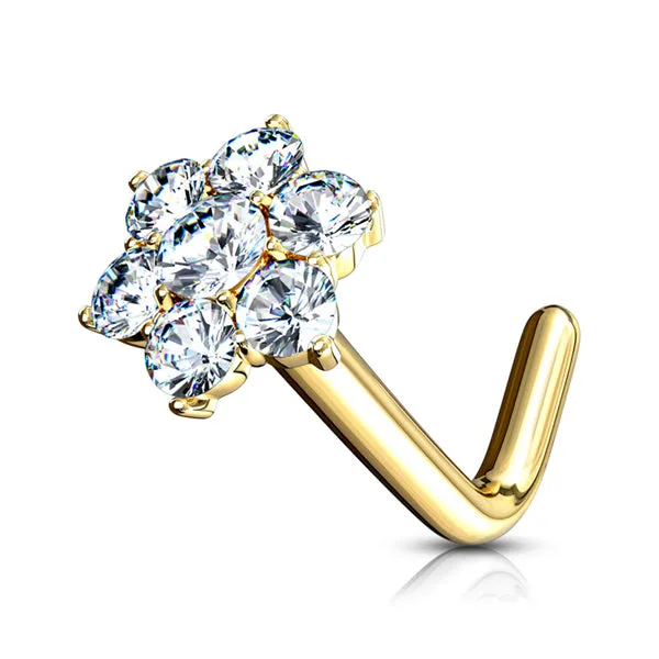 Earrings Tulsa Body Jewelry Flower CZ Yellow 14k Gold LBend Nose Stud