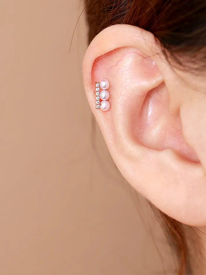 MinimalBijoux Earrings 14K Gold Cubic Pearl Stick Cartilage Earring 18G16G