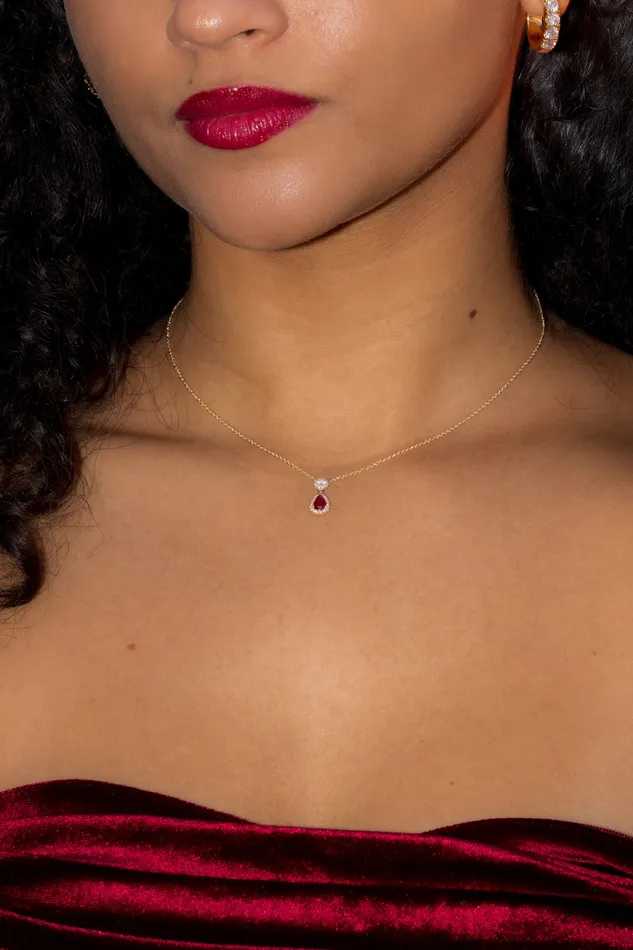 Necklaces Pear Ruby Diamond Halo Drop Necklace 14k Yellow Gold Princess Bride Diamonds
