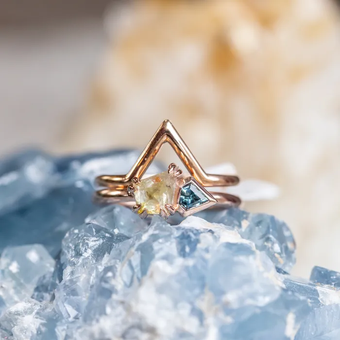Rings Anueva Jewelry 105ct Kite Rosecut Diamond Double Prong and Shield Sapphire Low Profile Ring in 14k Rose Gold