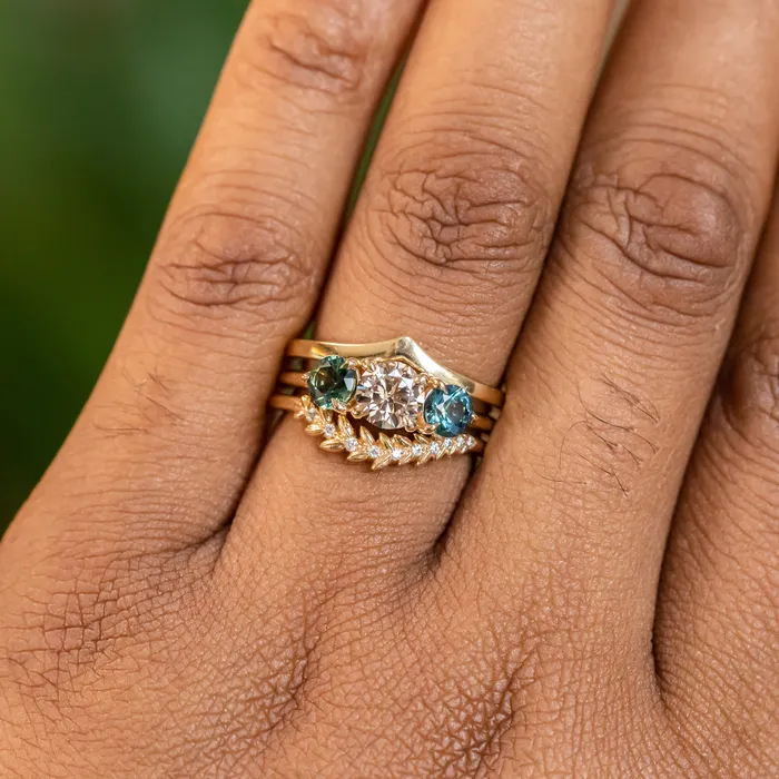 Rings Discovery Gems 070ct Round Champagne Diamond and 45mm Round Sapphires Three Stone Ring in 14K Yellow Gold