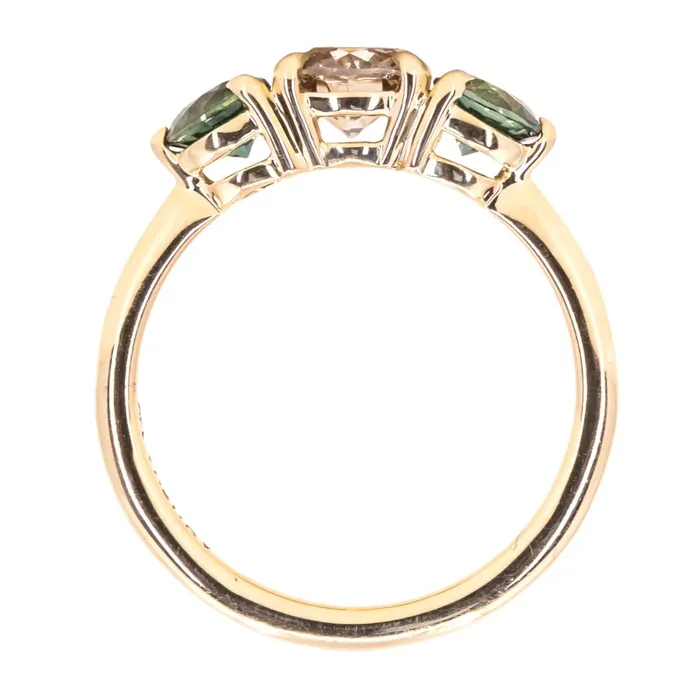 Rings Discovery Gems 070ct Round Champagne Diamond and 45mm Round Sapphires Three Stone Ring in 14K Yellow Gold