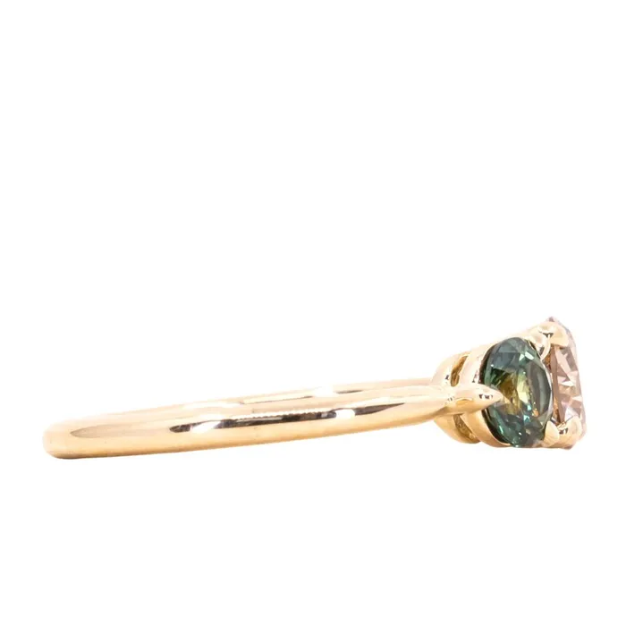Rings Discovery Gems 070ct Round Champagne Diamond and 45mm Round Sapphires Three Stone Ring in 14K Yellow Gold