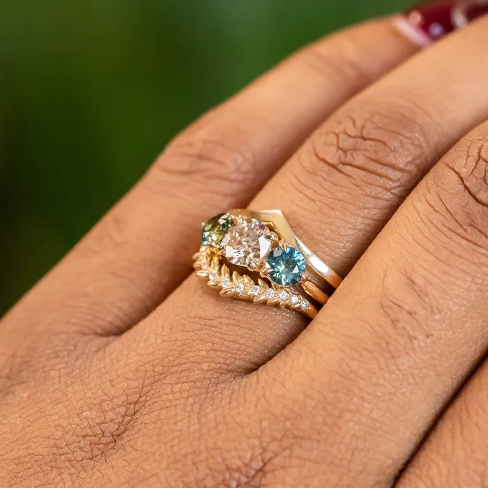 Rings Discovery Gems 070ct Round Champagne Diamond and 45mm Round Sapphires Three Stone Ring in 14K Yellow Gold