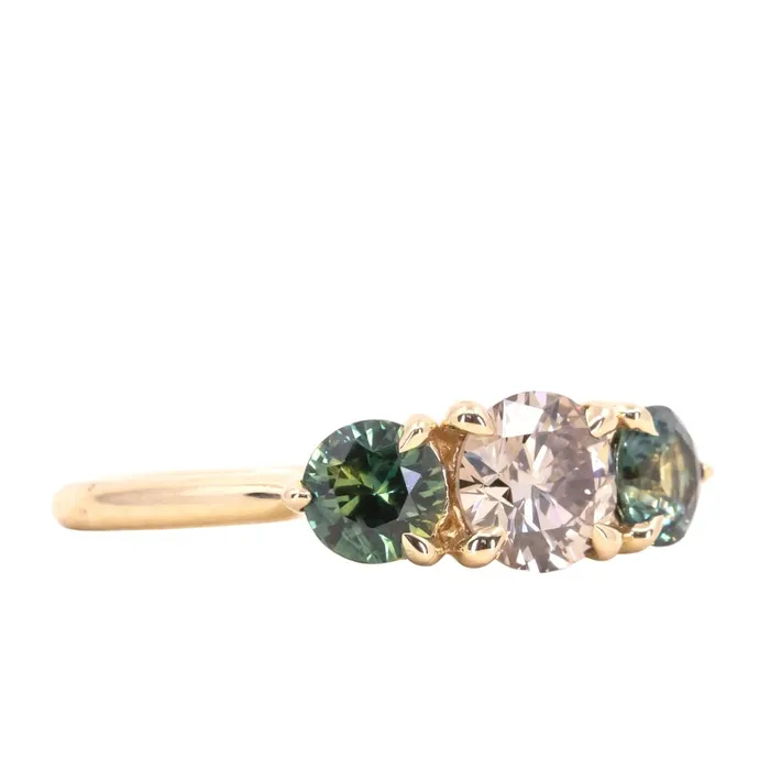 Rings Discovery Gems 070ct Round Champagne Diamond and 45mm Round Sapphires Three Stone Ring in 14K Yellow Gold