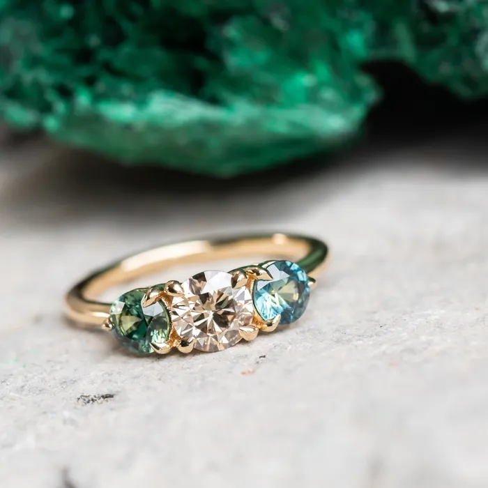 Rings Discovery Gems 070ct Round Champagne Diamond and 45mm Round Sapphires Three Stone Ring in 14K Yellow Gold