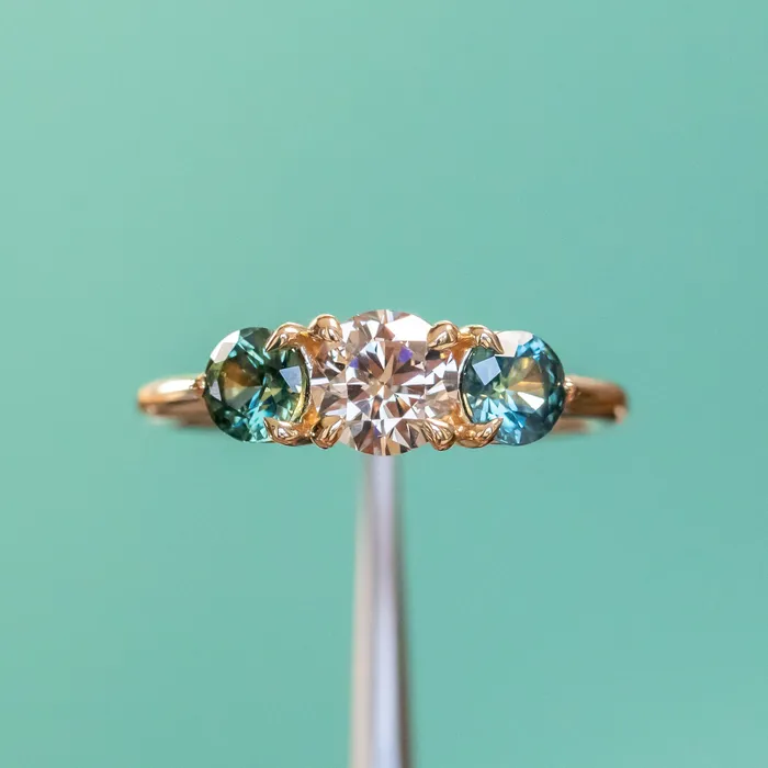 Rings Discovery Gems 070ct Round Champagne Diamond and 45mm Round Sapphires Three Stone Ring in 14K Yellow Gold