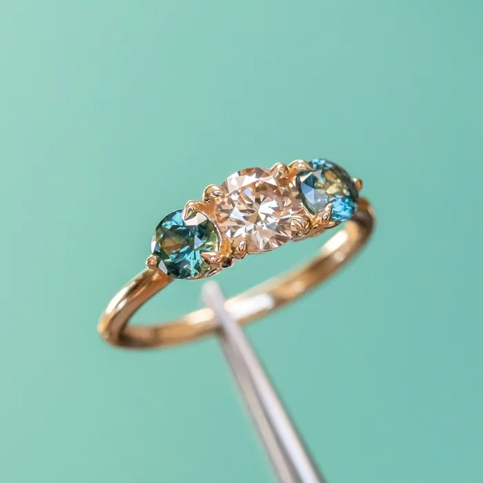 Rings Discovery Gems 070ct Round Champagne Diamond and 45mm Round Sapphires Three Stone Ring in 14K Yellow Gold