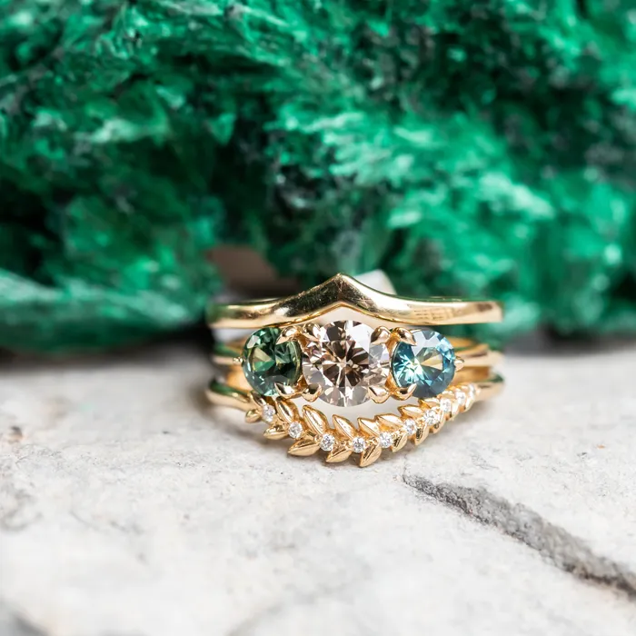 Rings Discovery Gems 070ct Round Champagne Diamond and 45mm Round Sapphires Three Stone Ring in 14K Yellow Gold