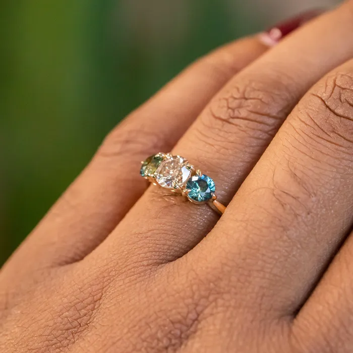 Rings Discovery Gems 070ct Round Champagne Diamond and 45mm Round Sapphires Three Stone Ring in 14K Yellow Gold