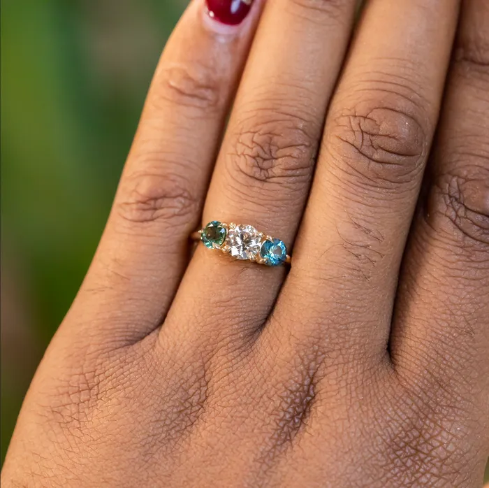 Rings Discovery Gems 070ct Round Champagne Diamond and 45mm Round Sapphires Three Stone Ring in 14K Yellow Gold