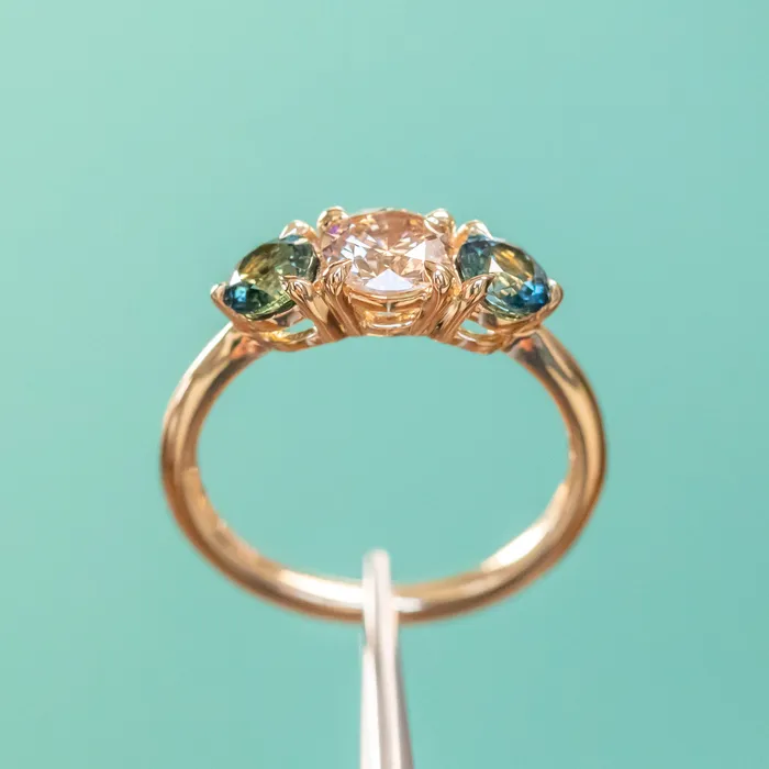 Rings Discovery Gems 070ct Round Champagne Diamond and 45mm Round Sapphires Three Stone Ring in 14K Yellow Gold